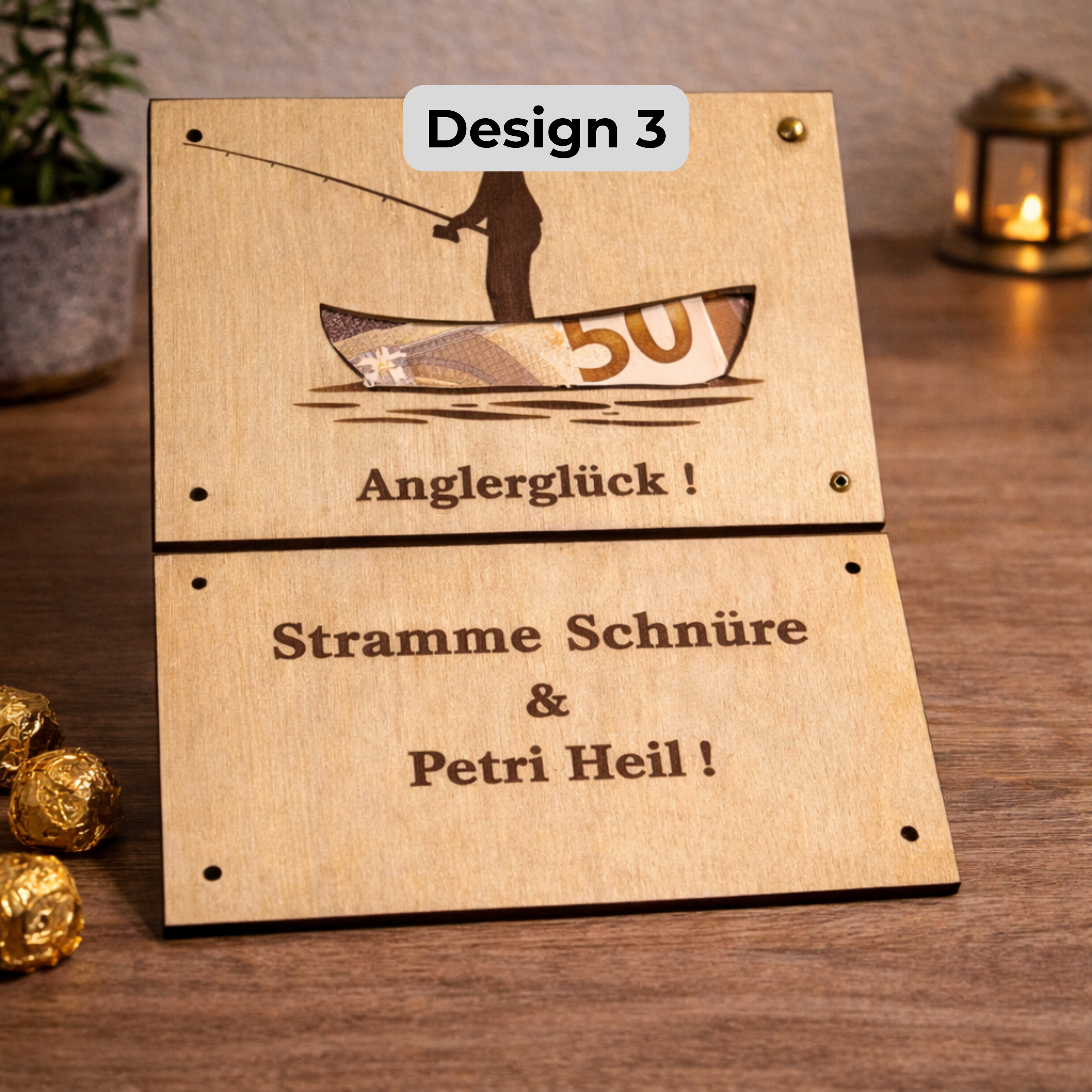 Geldgeschenk Angler aus Holz – personalisierte Geldkarte mit Gravur | Geschenk für Fischer & Männer