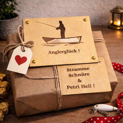 Geldgeschenk Angler aus Holz – personalisierte Geldkarte mit Gravur | Geschenk für Fischer & Männer