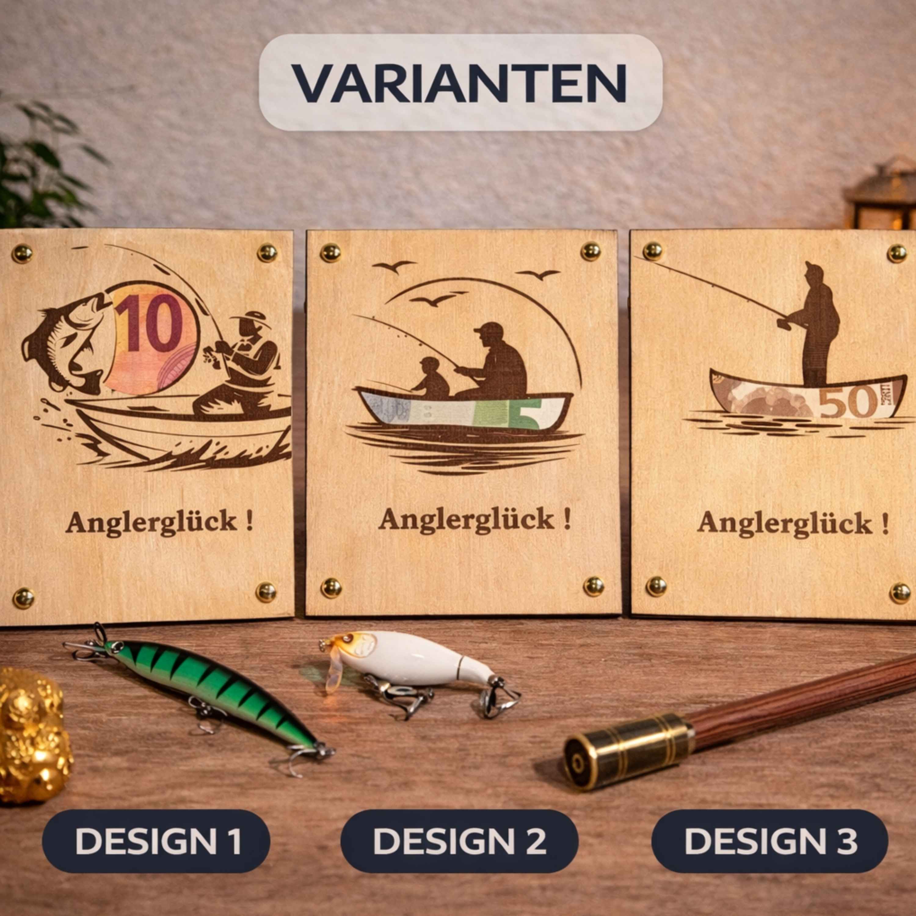 Geldgeschenk Angler aus Holz – personalisierte Geldkarte mit Gravur | Geschenk für Fischer & Männer