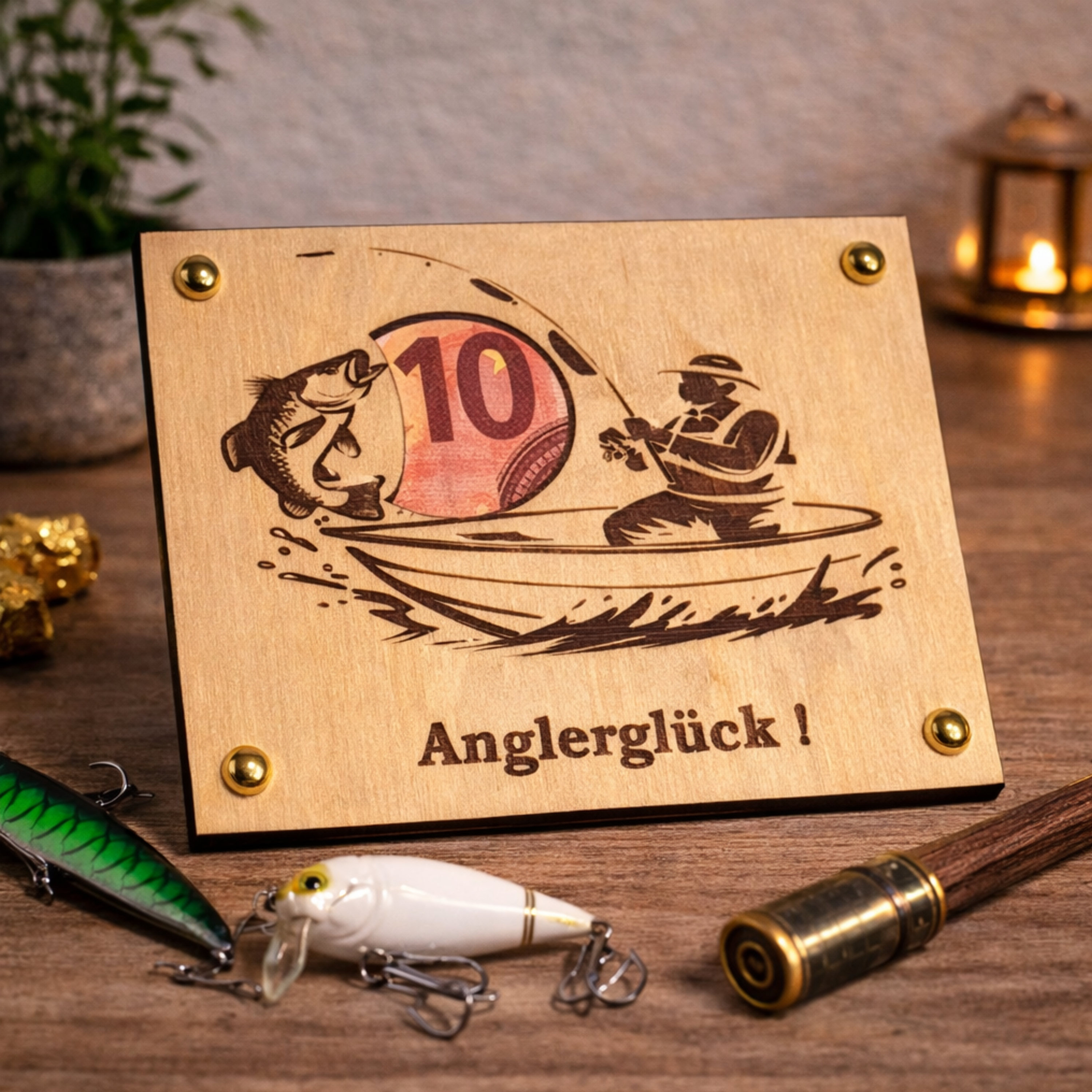 Geldgeschenk Angler aus Holz – personalisierte Geldkarte mit Gravur | Geschenk für Fischer & Männer