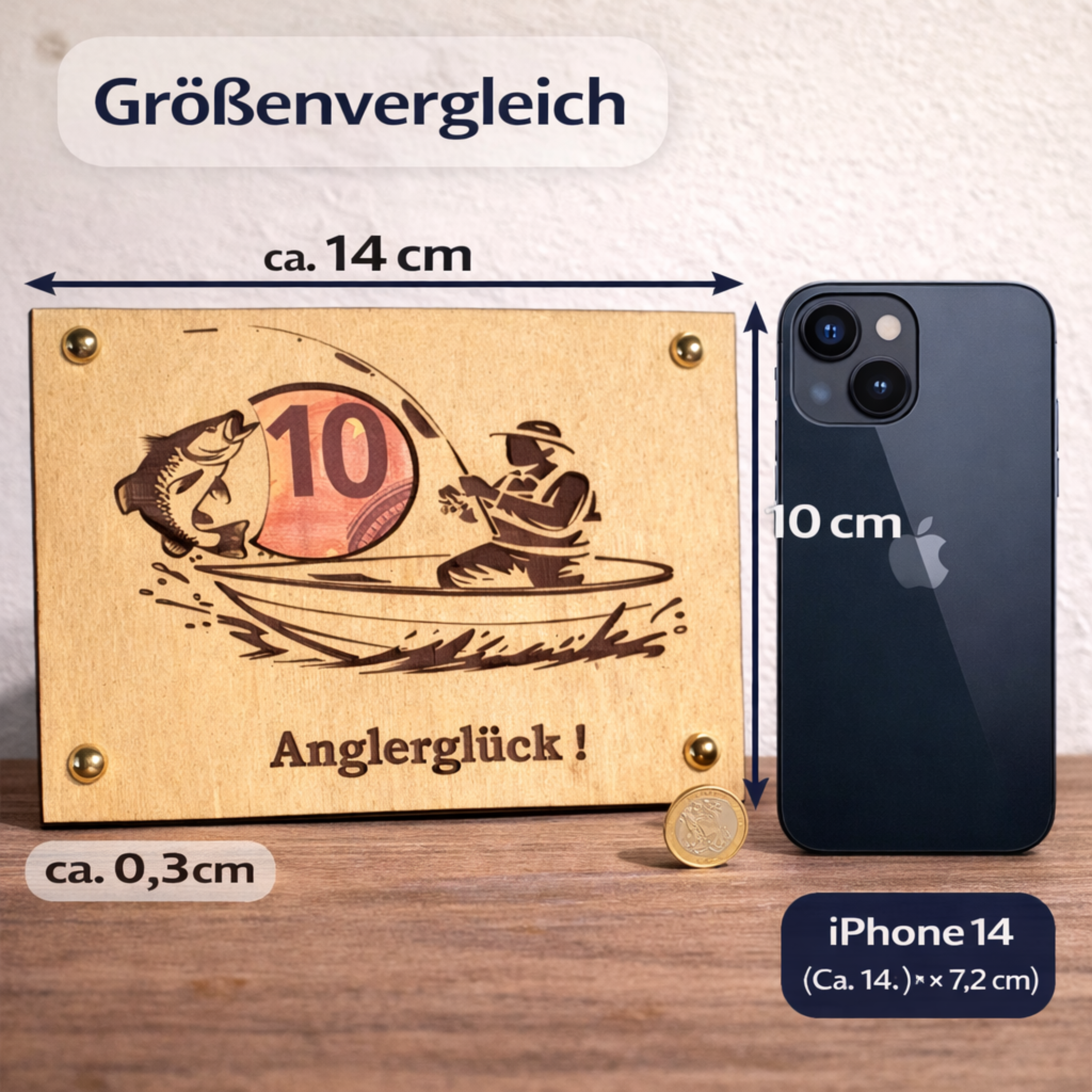 Geldgeschenk Angler aus Holz – personalisierte Geldkarte mit Gravur | Geschenk für Fischer & Männer