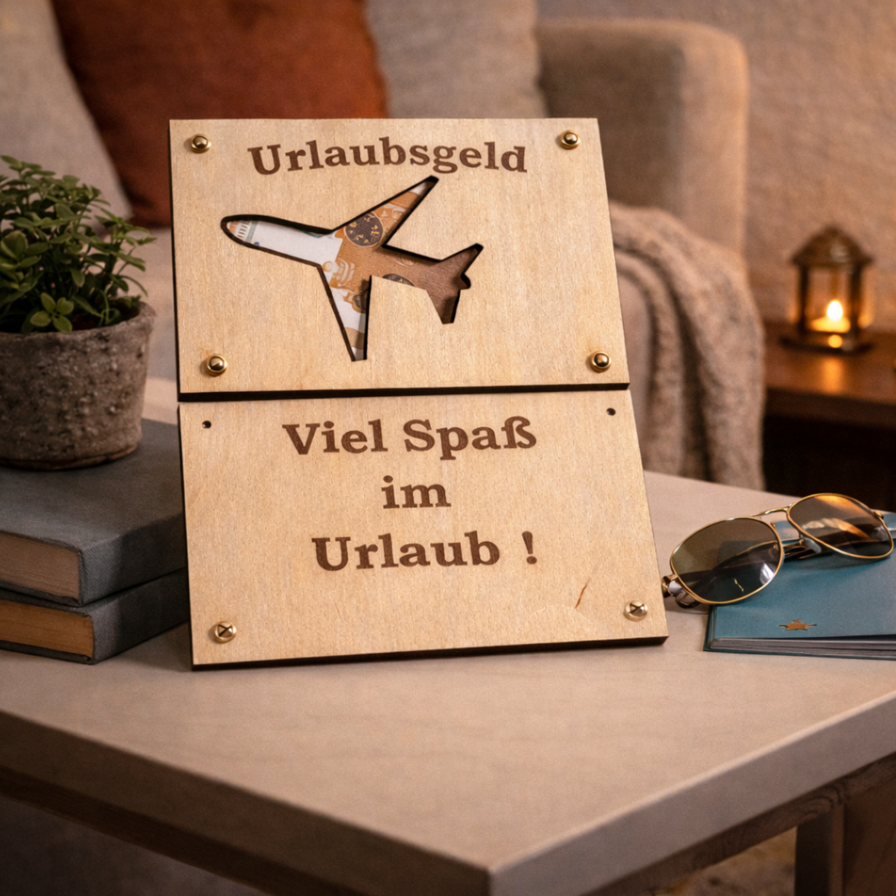 Geldgeschenk Urlaub aus Holz – personalisierte Urlaubsgeld Karte mit Gravur | Reise Gutschein Geschenk