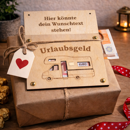Geldgeschenk Urlaub aus Holz – personalisierte Urlaubsgeld Karte mit Gravur | Reise Gutschein Geschenk