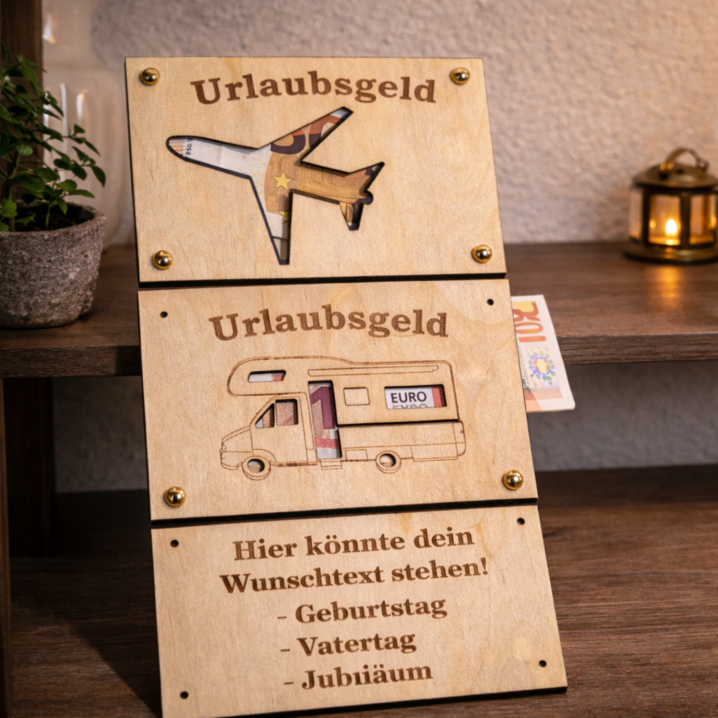 Geldgeschenk Urlaub aus Holz – personalisierte Urlaubsgeld Karte mit Gravur | Reise Gutschein Geschenk