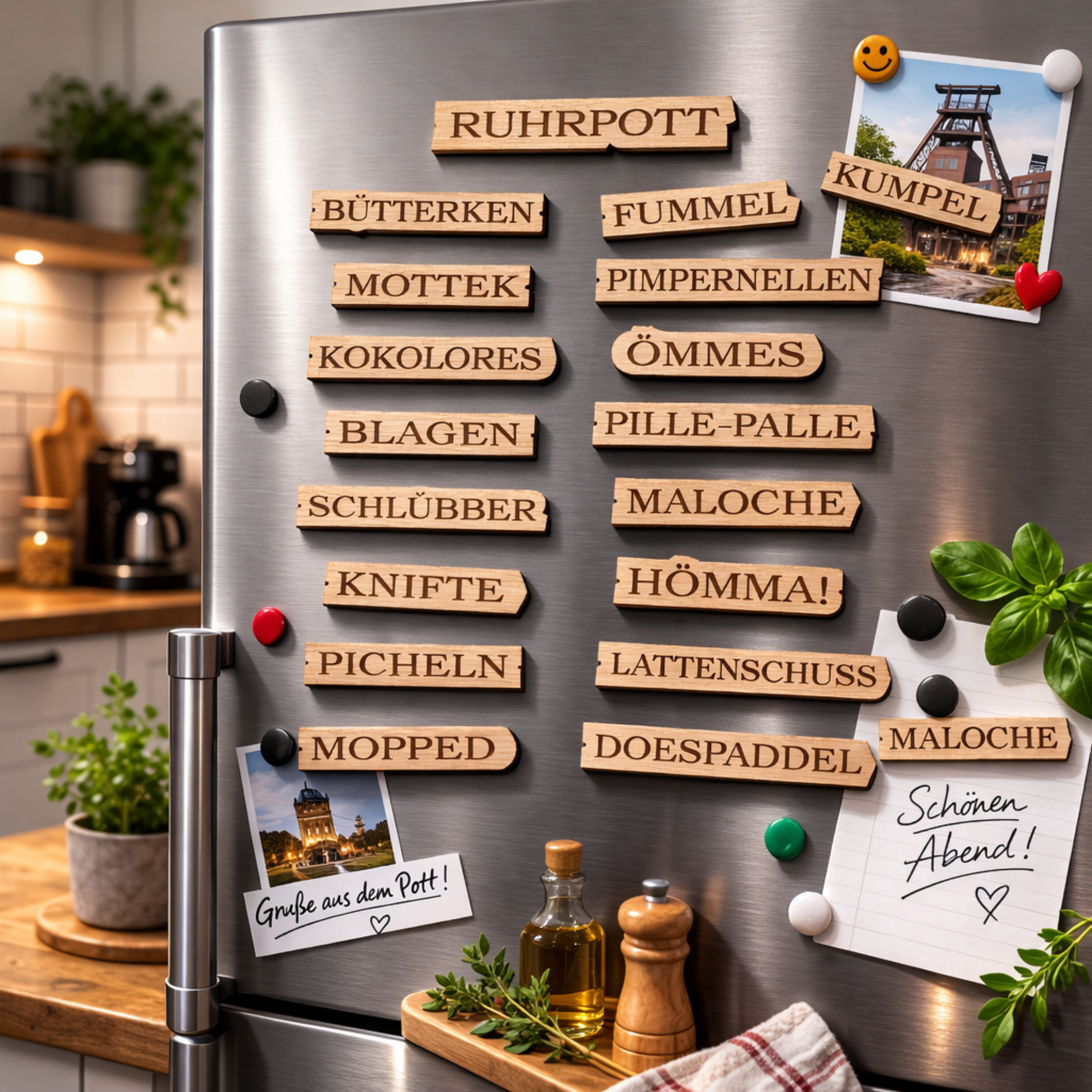 Ruhrpott Kühlschrankmagnet aus Holz – Dialekt Wörter für echte Kumpel