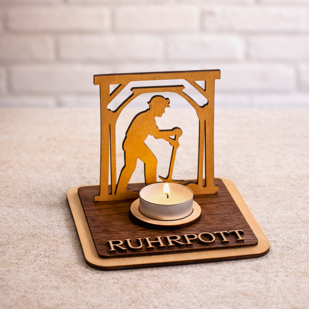 Teelichthalter Bergmann aus Holz – Ruhrgebiet Geschenk für Kumpel – Malocher Bergbau Deko personalisiert