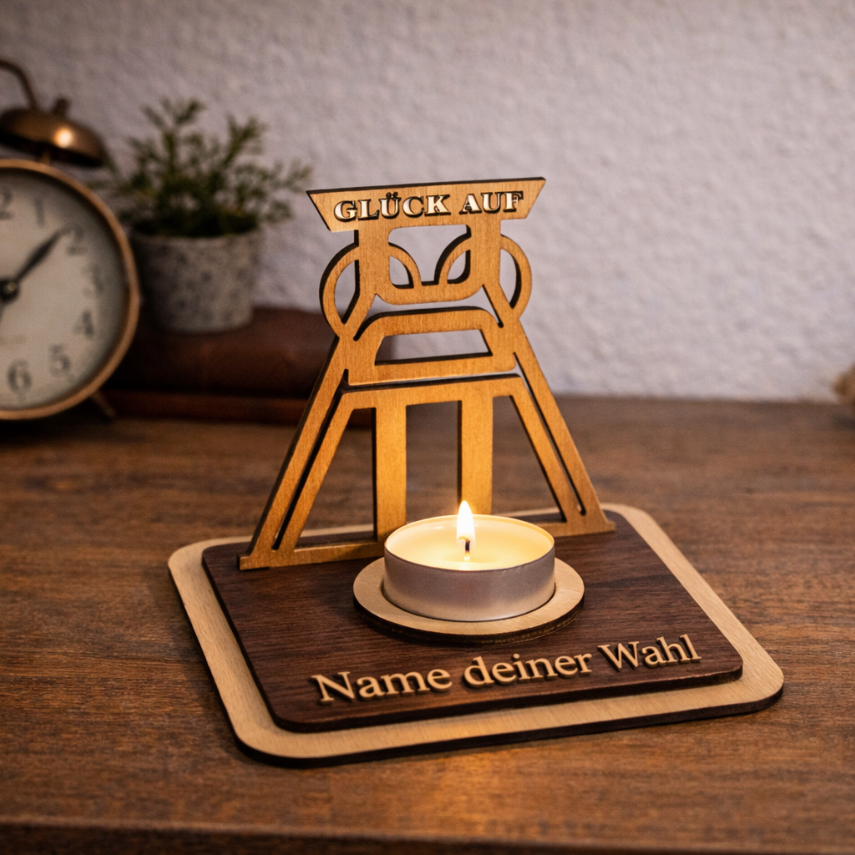 Teelichthalter Förderturm aus Holz – Ruhrpott Deko mit Name – Geschenk für Malocher & Bergbau-Fans