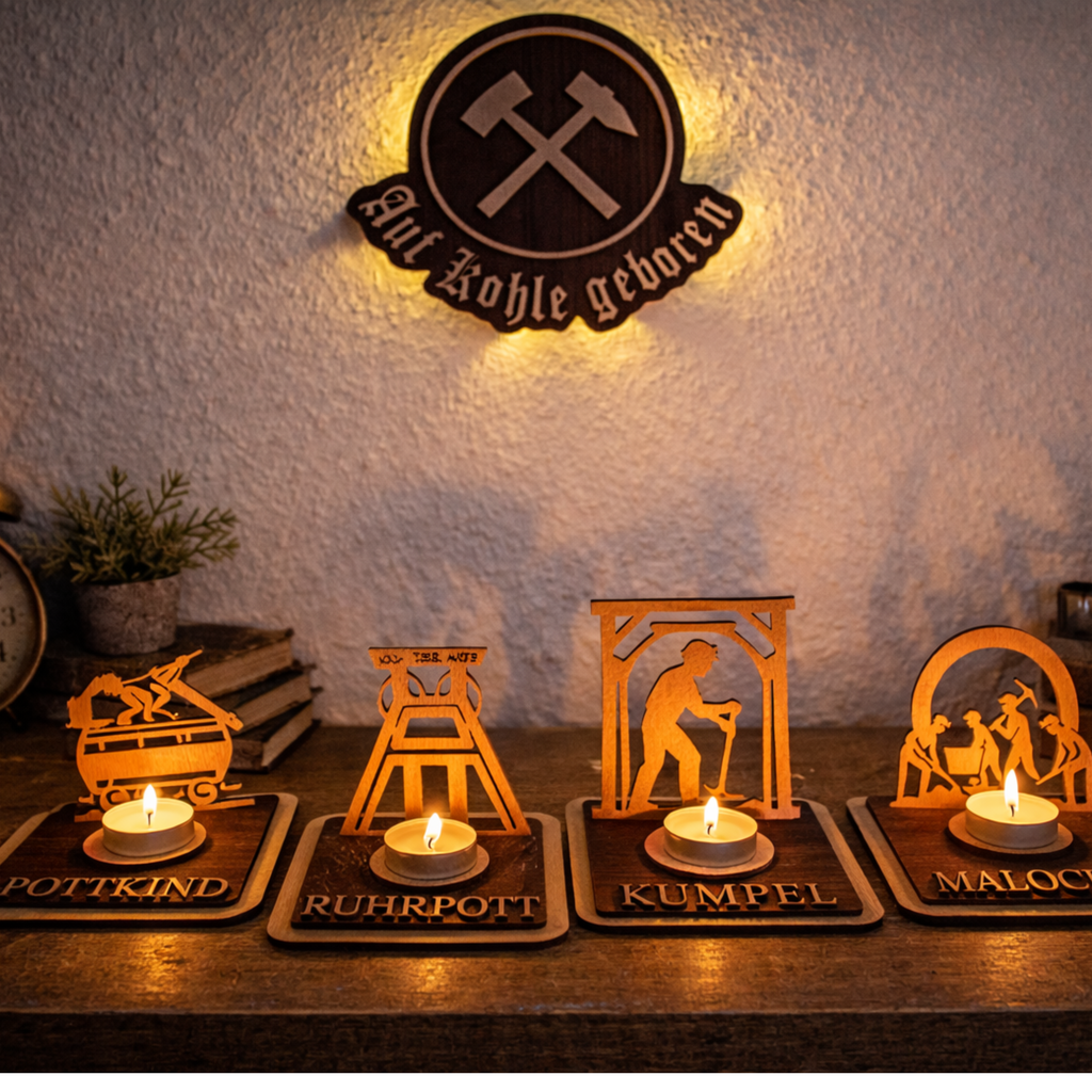 Teelichthalter Bergmann aus Holz – Ruhrgebiet Geschenk für Kumpel – Malocher Bergbau Deko personalisiert