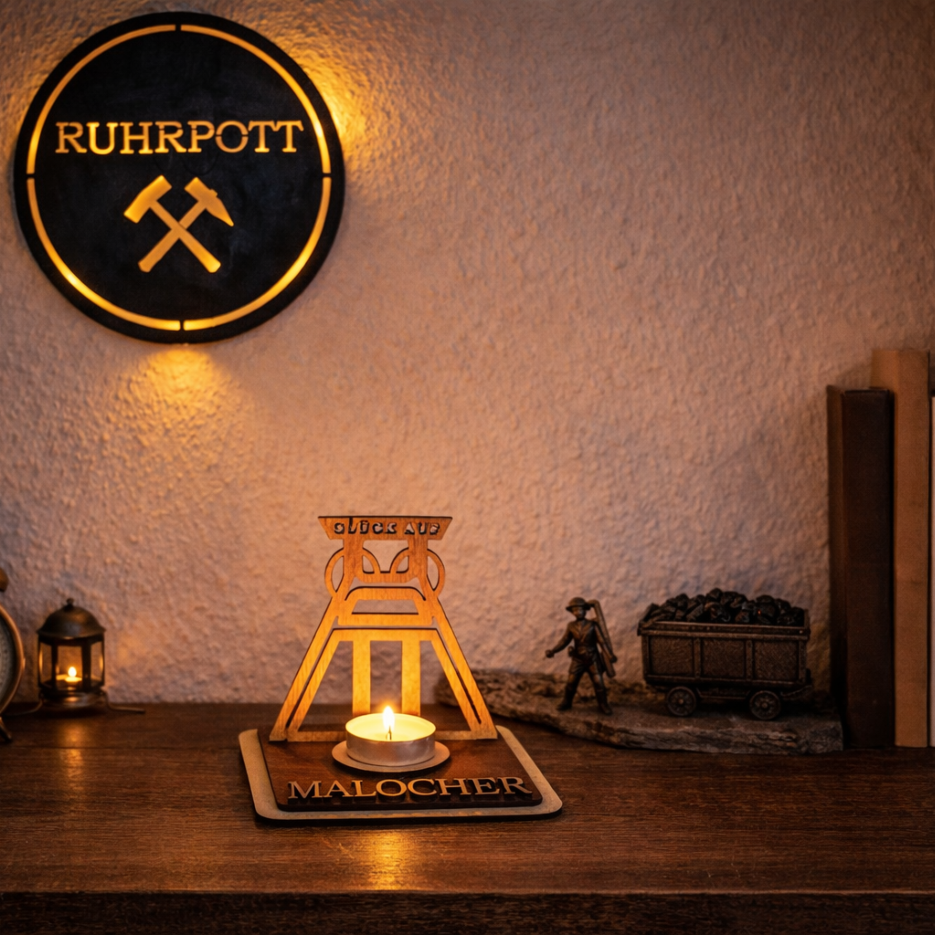 Teelichthalter Förderturm aus Holz – Ruhrpott Deko mit Name – Geschenk für Malocher & Bergbau-Fans