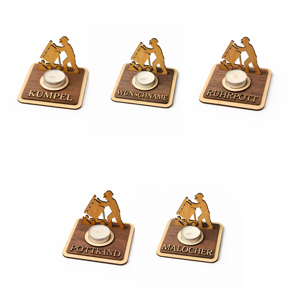 Teelichthalter Bergmann aus Holz personalisiert – Ruhrpott Geschenk für Kumpel & Malocher – Bergbau Deko mit Wunschname