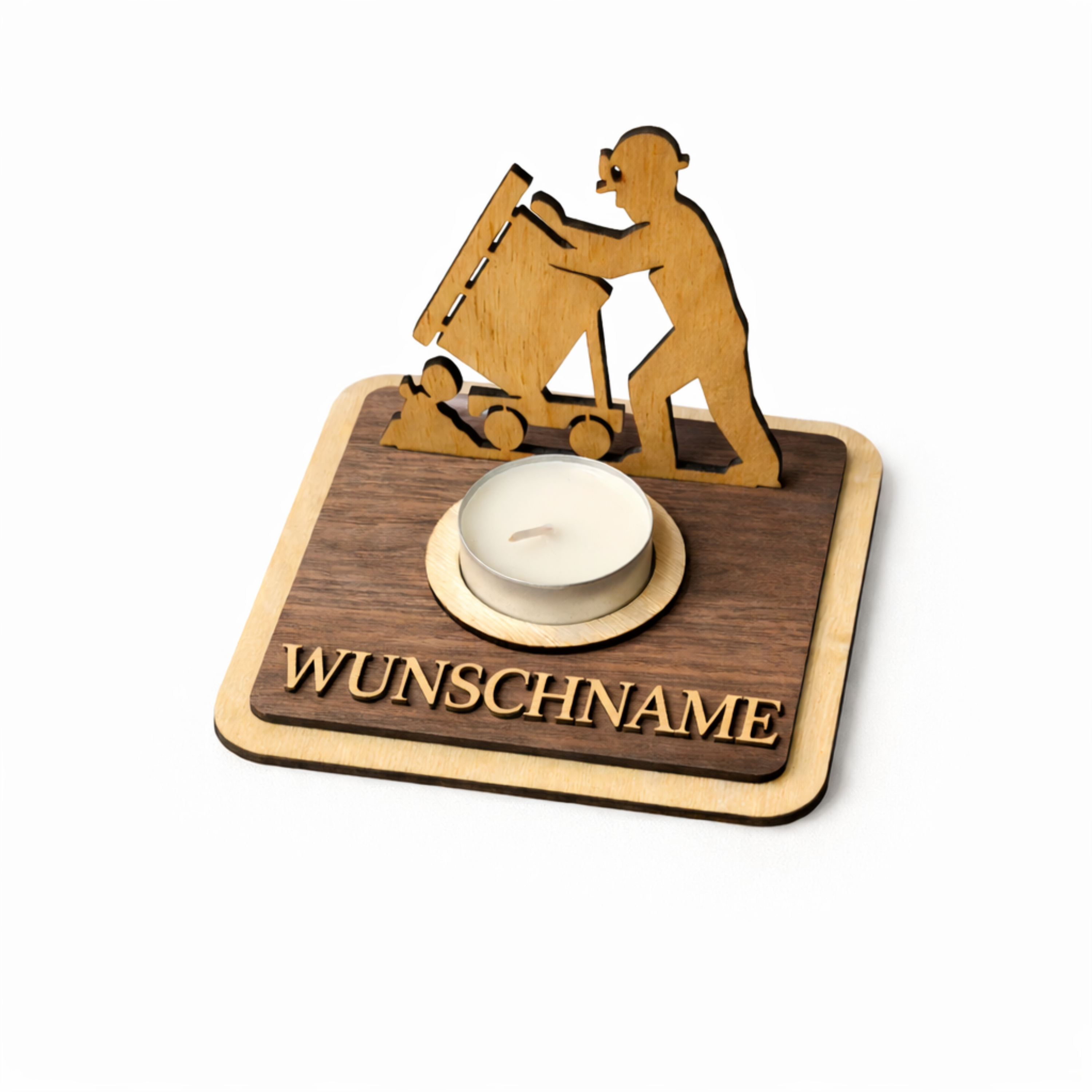 Teelichthalter Bergmann aus Holz personalisiert – Ruhrpott Geschenk für Kumpel & Malocher – Bergbau Deko mit Wunschname