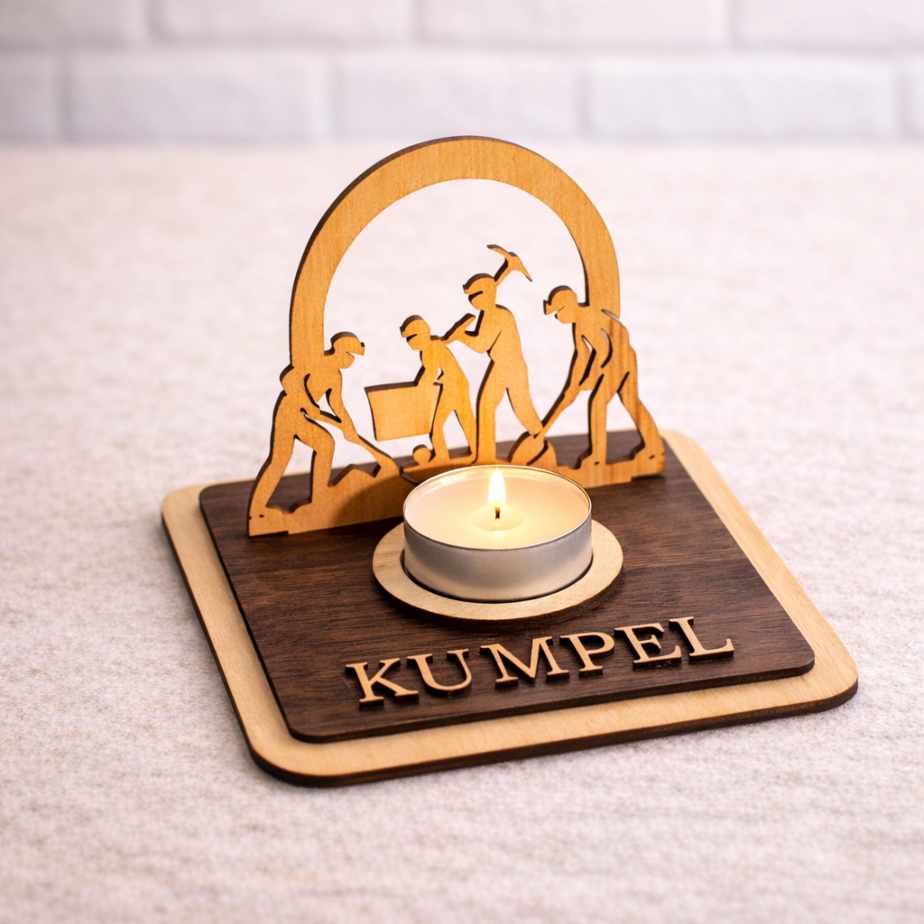 Teelichthalter Bergleute aus Holz – Ruhrpott Deko mit Name – Geschenk für Malocher & Bergbau-Fans