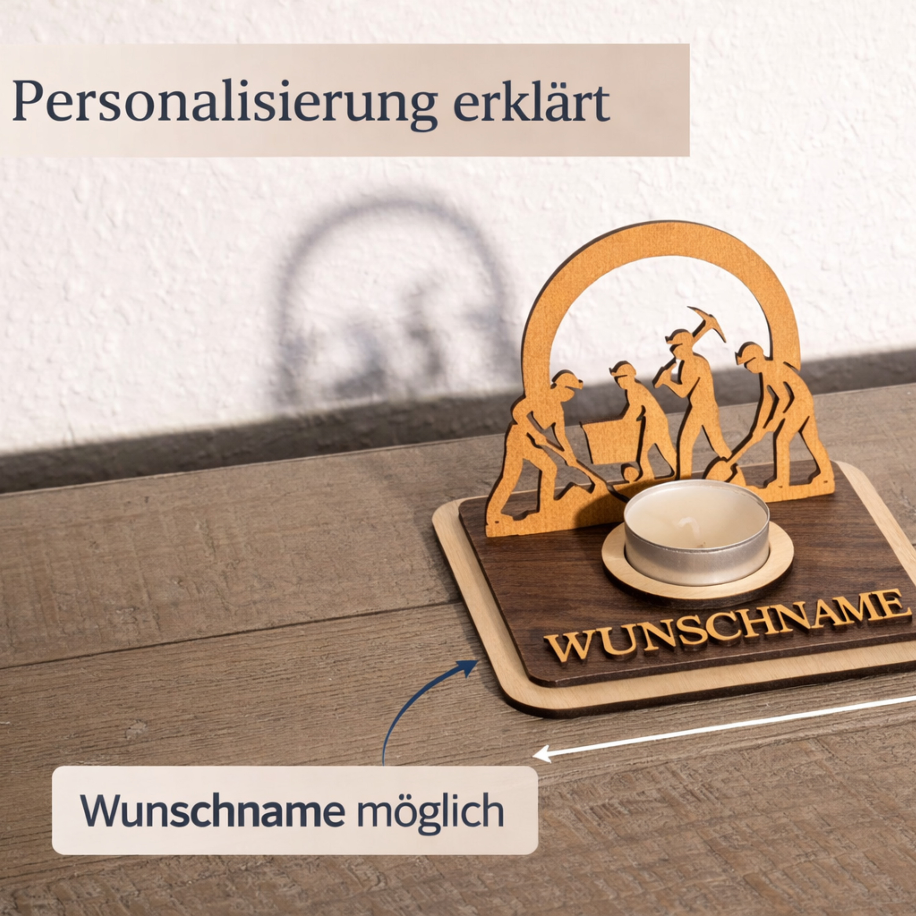 Teelichthalter Bergleute aus Holz – Ruhrpott Deko mit Name – Geschenk für Malocher & Bergbau-Fans