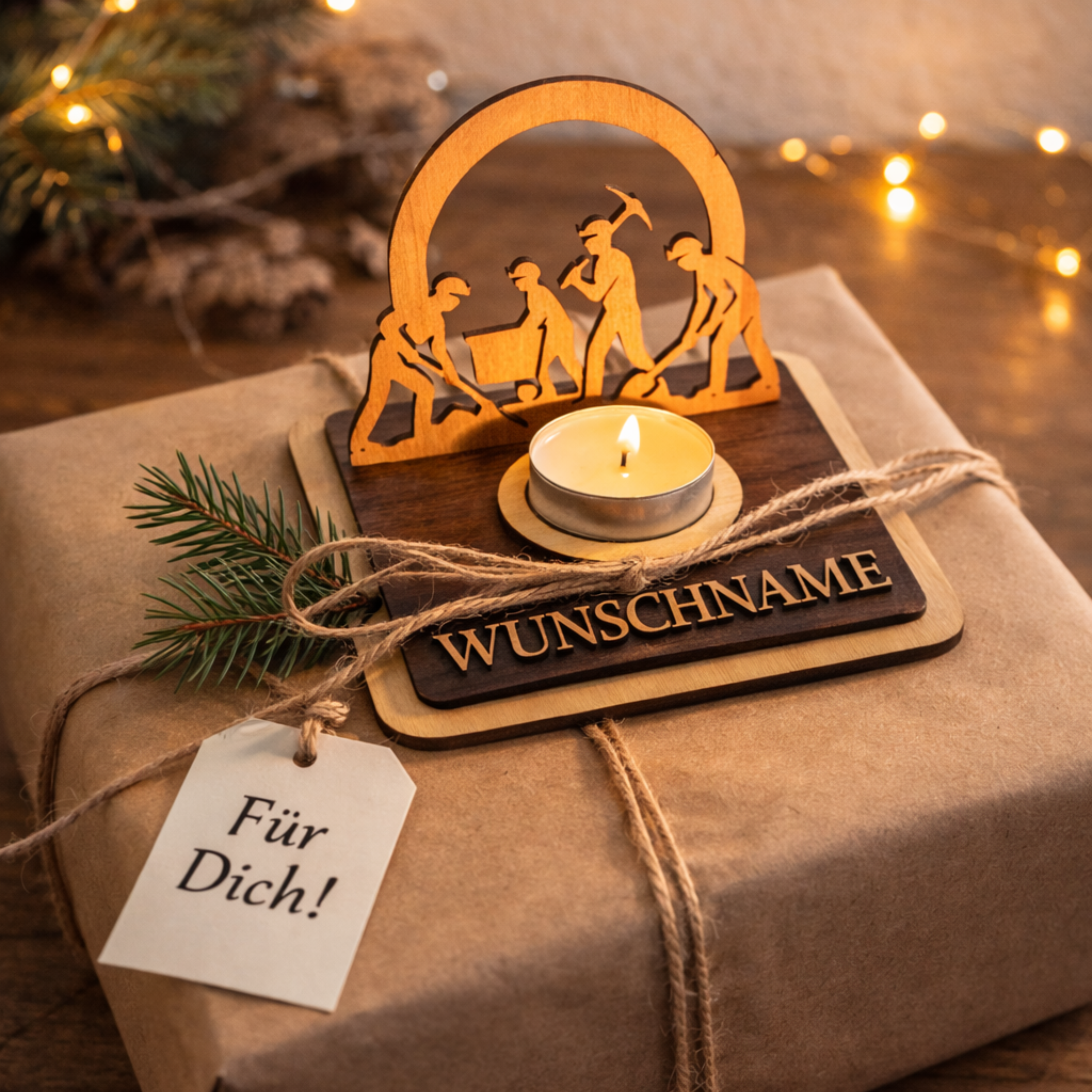 Teelichthalter Bergleute aus Holz – Ruhrpott Deko mit Name – Geschenk für Malocher & Bergbau-Fans