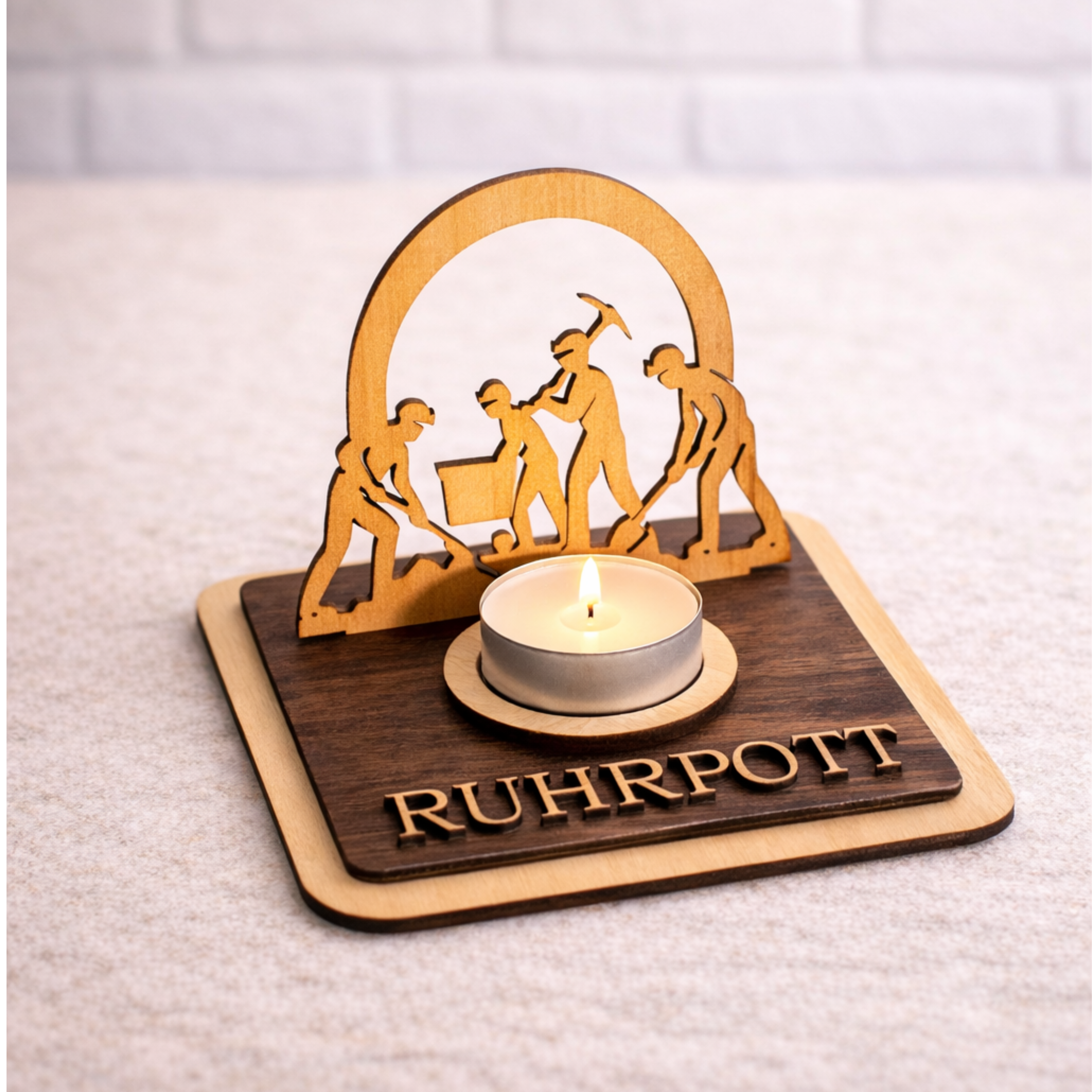 Teelichthalter Bergleute aus Holz – Ruhrpott Deko mit Name – Geschenk für Malocher & Bergbau-Fans