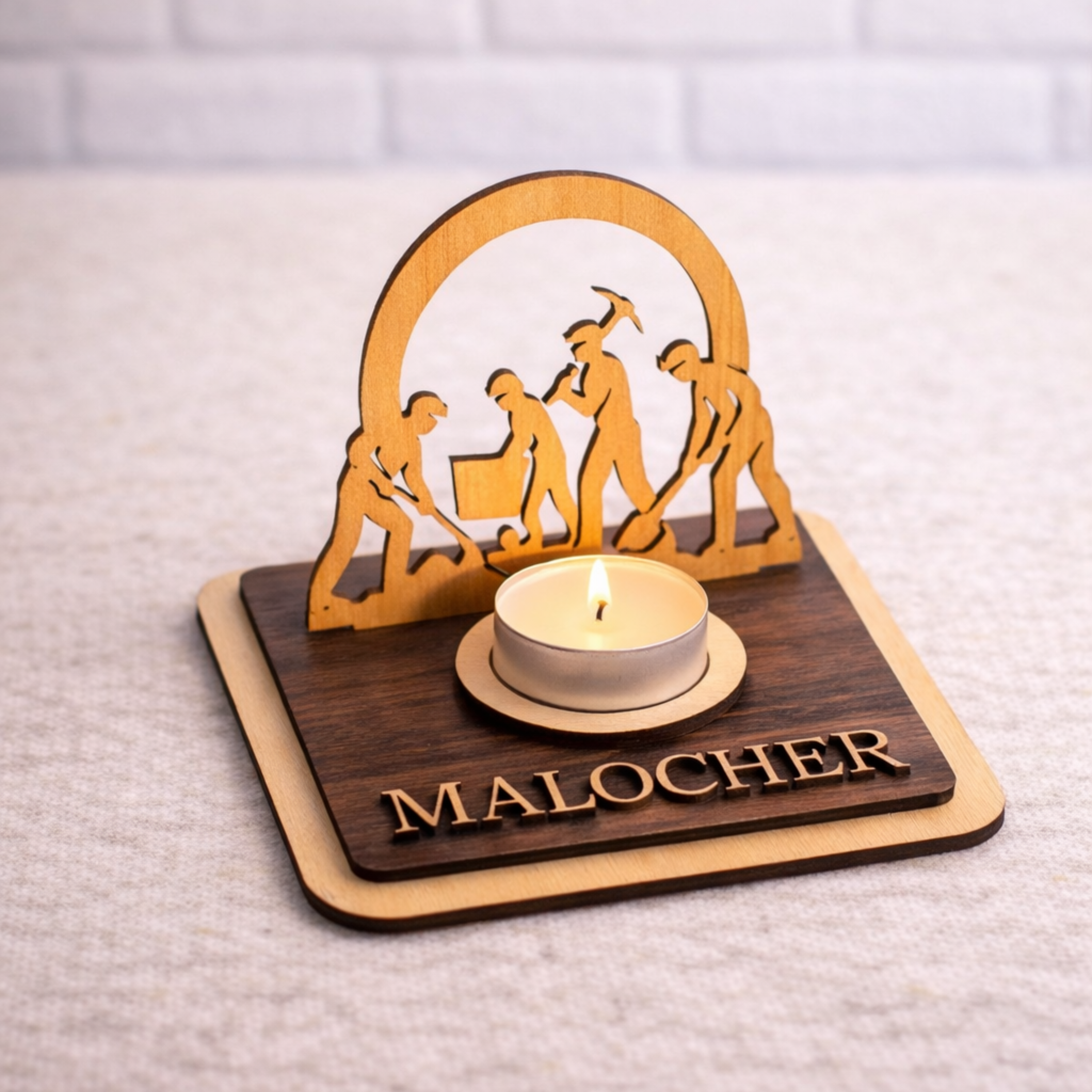 Teelichthalter Bergleute aus Holz – Ruhrpott Deko mit Name – Geschenk für Malocher & Bergbau-Fans
