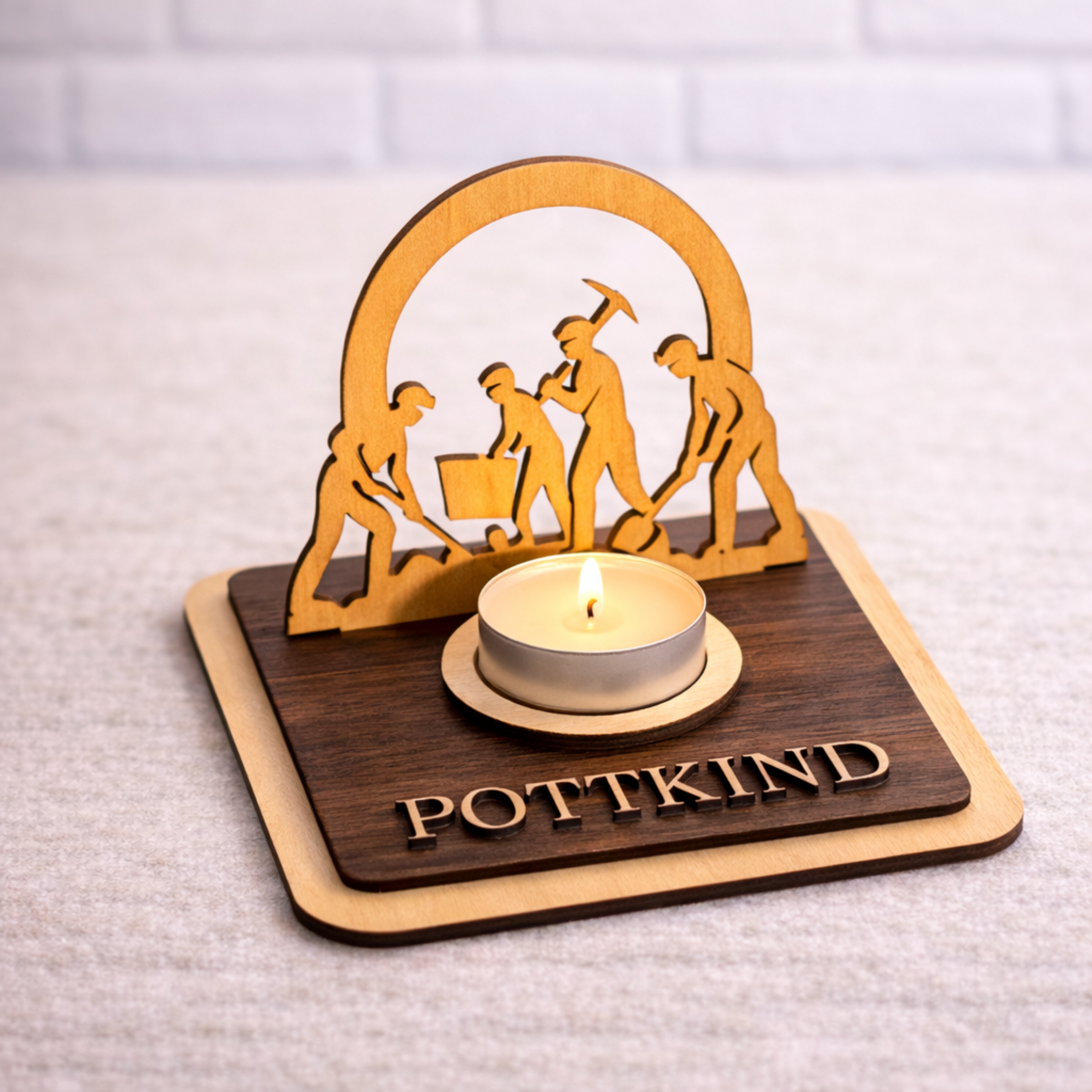 Teelichthalter Bergleute aus Holz – Ruhrpott Deko mit Name – Geschenk für Malocher & Bergbau-Fans