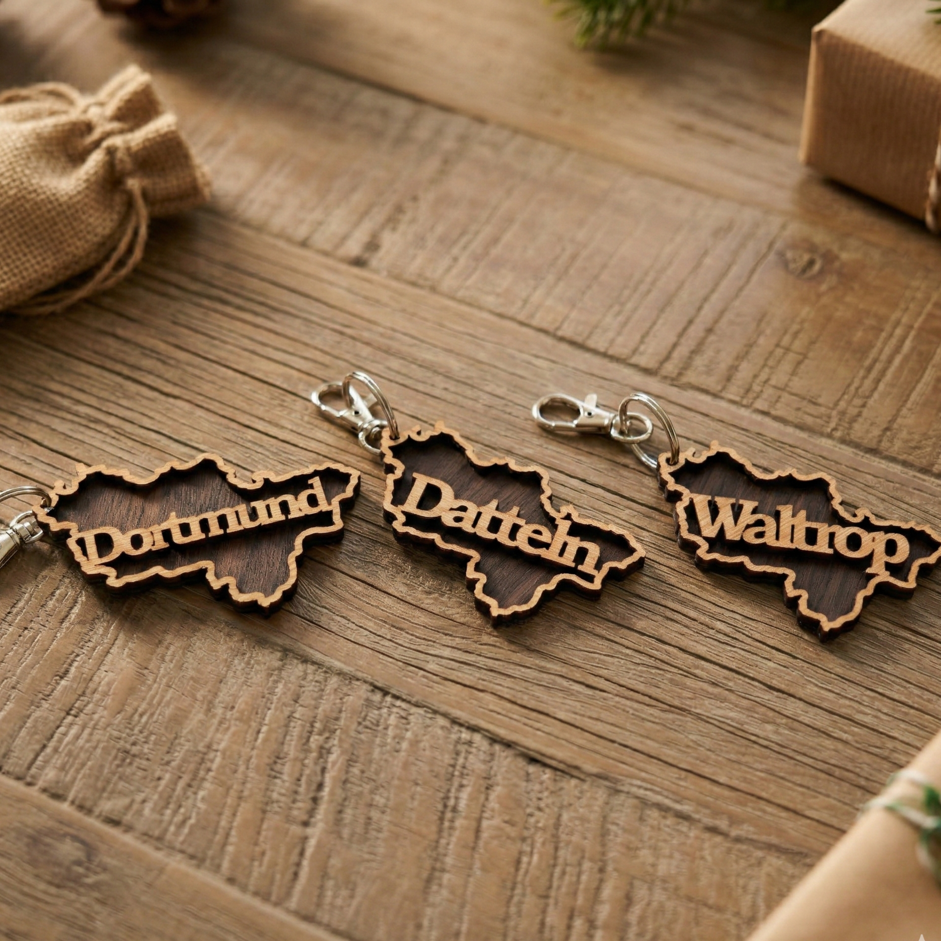 Personalisierter Ruhrpott Schlüsselanhänger mit Wunsch-Stadt – Holz Geschenk & 3er/5er Set