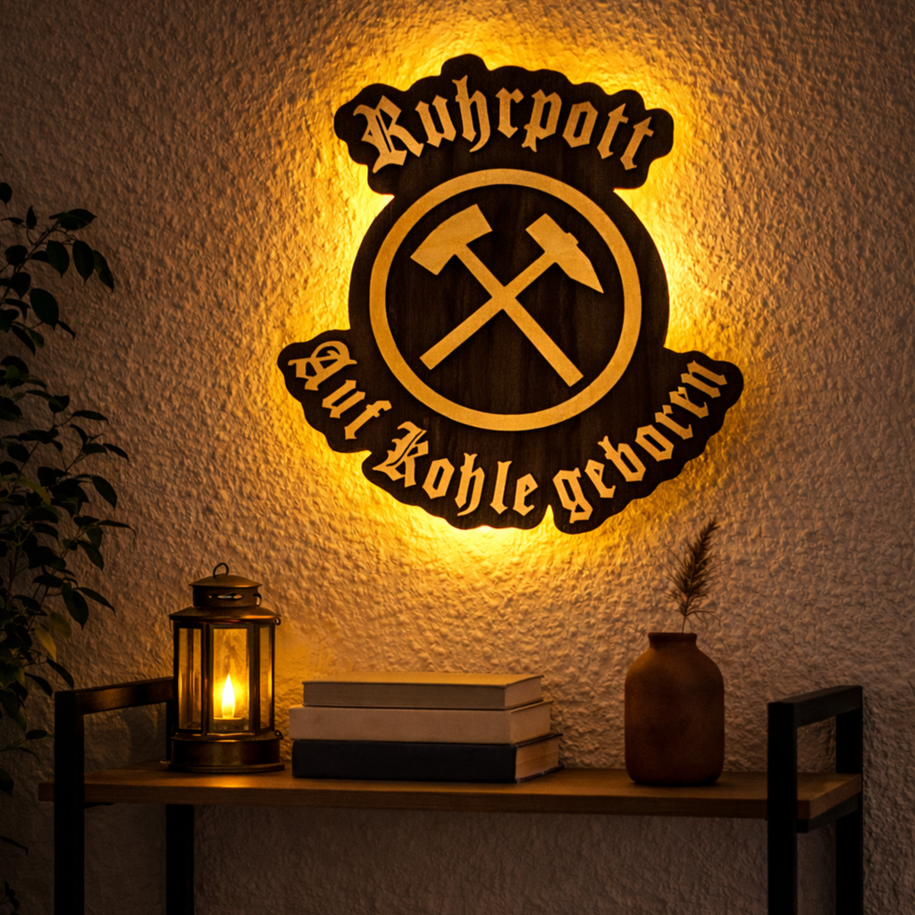Ruhrpott LED Wandbild aus Holz – indirekt beleuchtet mit Timer | „Ruhrpott – Auf Kohle geboren“