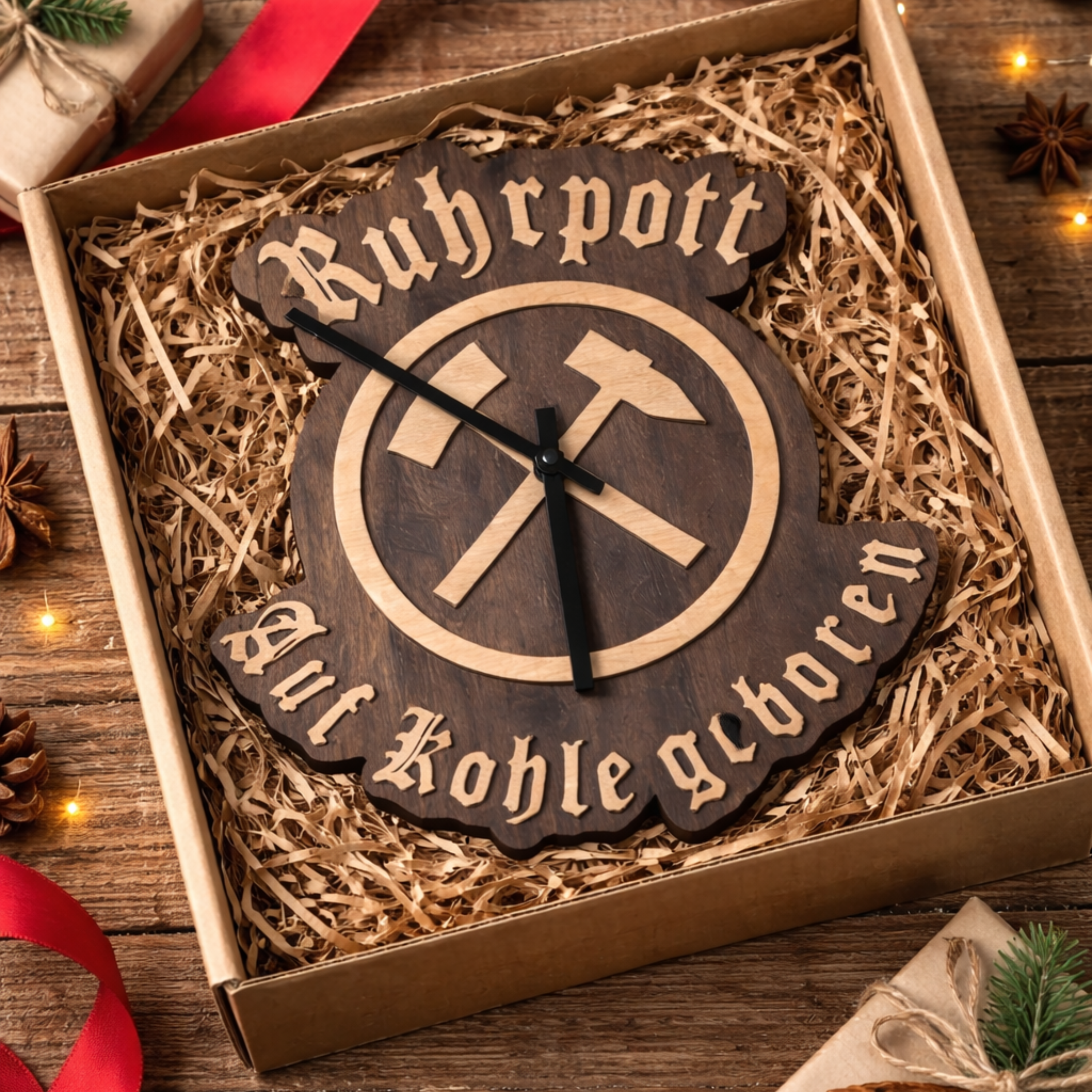 Ruhrpott Wanduhr aus Nussbaum – Bergbau Holz Uhr