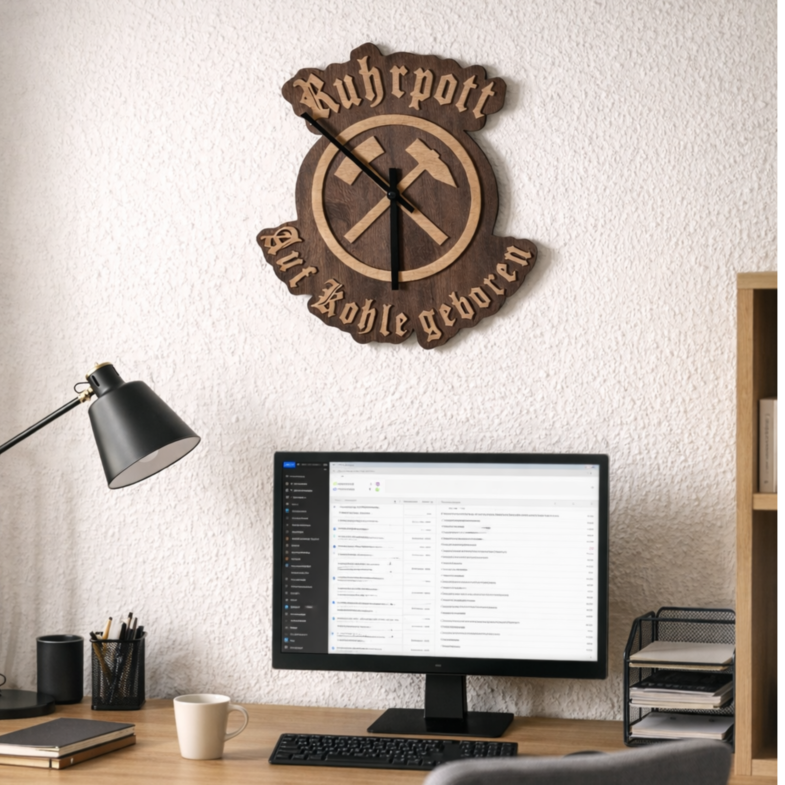 Ruhrpott Wanduhr aus Nussbaum – Bergbau Holz Uhr